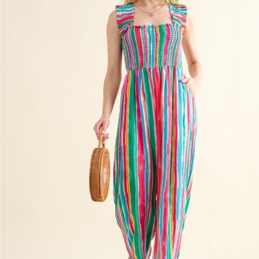 Full Size Striped Smocked Sleeveless Jumpsuit